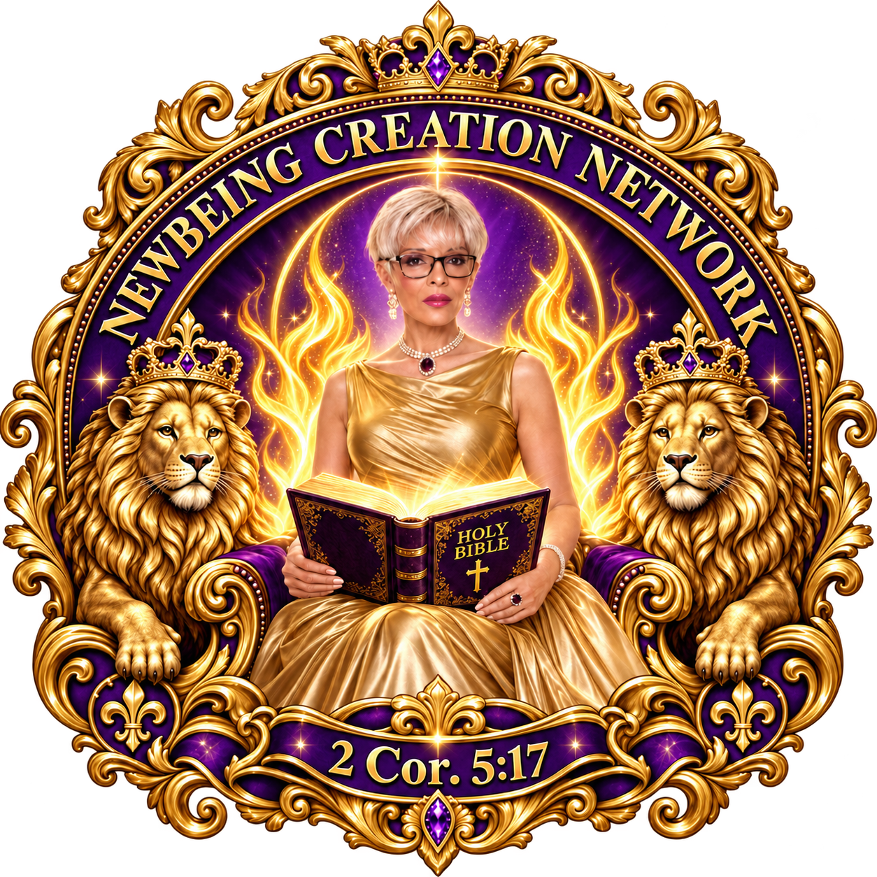 NewBeing Creation Network emblem — the author in a golden gown holding the Holy Bible, seated between two crowned lions, with the scripture 2 Cor. 5:17
